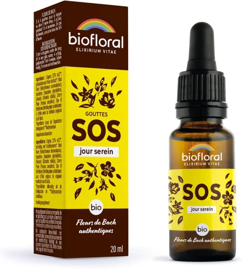 BIOFLORAL - SOS Secours Jour Serein BIO DEMETER - Soutien émotionnel - Fleurs de Bach Authentiques - Compte-gouttes 20 ML