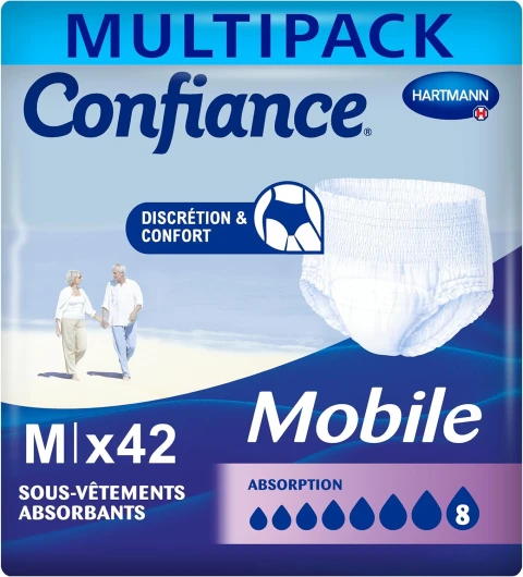 Mobile - Slips Absorbants pour Hommes et Femmes - Niveau d'Absorption = 8 gouttes (Fuites Urinaires Importantes) - Discrets et efficaces - pH Neutre à la Peau - Taille M - 3x14 Unités