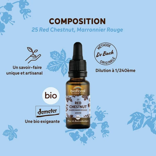 BIOFLORAL - 25 Red Chestnut, Marronnier Rouge BIO DEMETER - Sérénité - Fleur de Bach Authentique - Compte-gouttes 20 ML